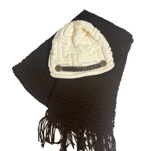 Cream Knit Beanie and Brown Scarf Set.wm5452